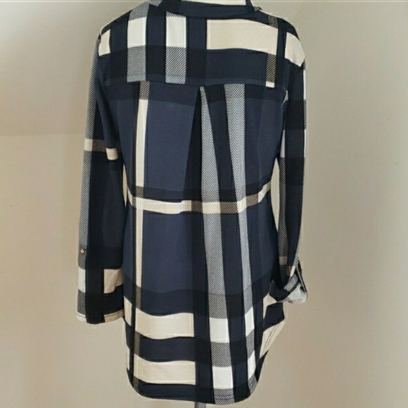 Lildy Button Sleeve Tunic Plaid Blue and Cream, Size  S-M - Picture 5 of 16